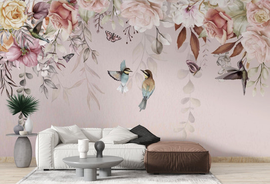Vintage blossoms wallpaper mural with pastel roses and hummingbirds.