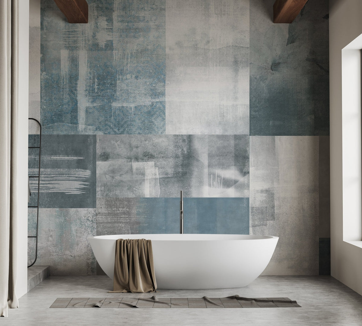 Blue tapestry style wallpaper mural with geometric layout.