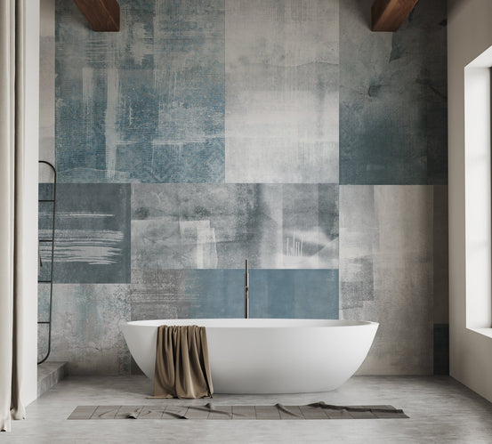 Blue tapestry style wallpaper mural with geometric layout.