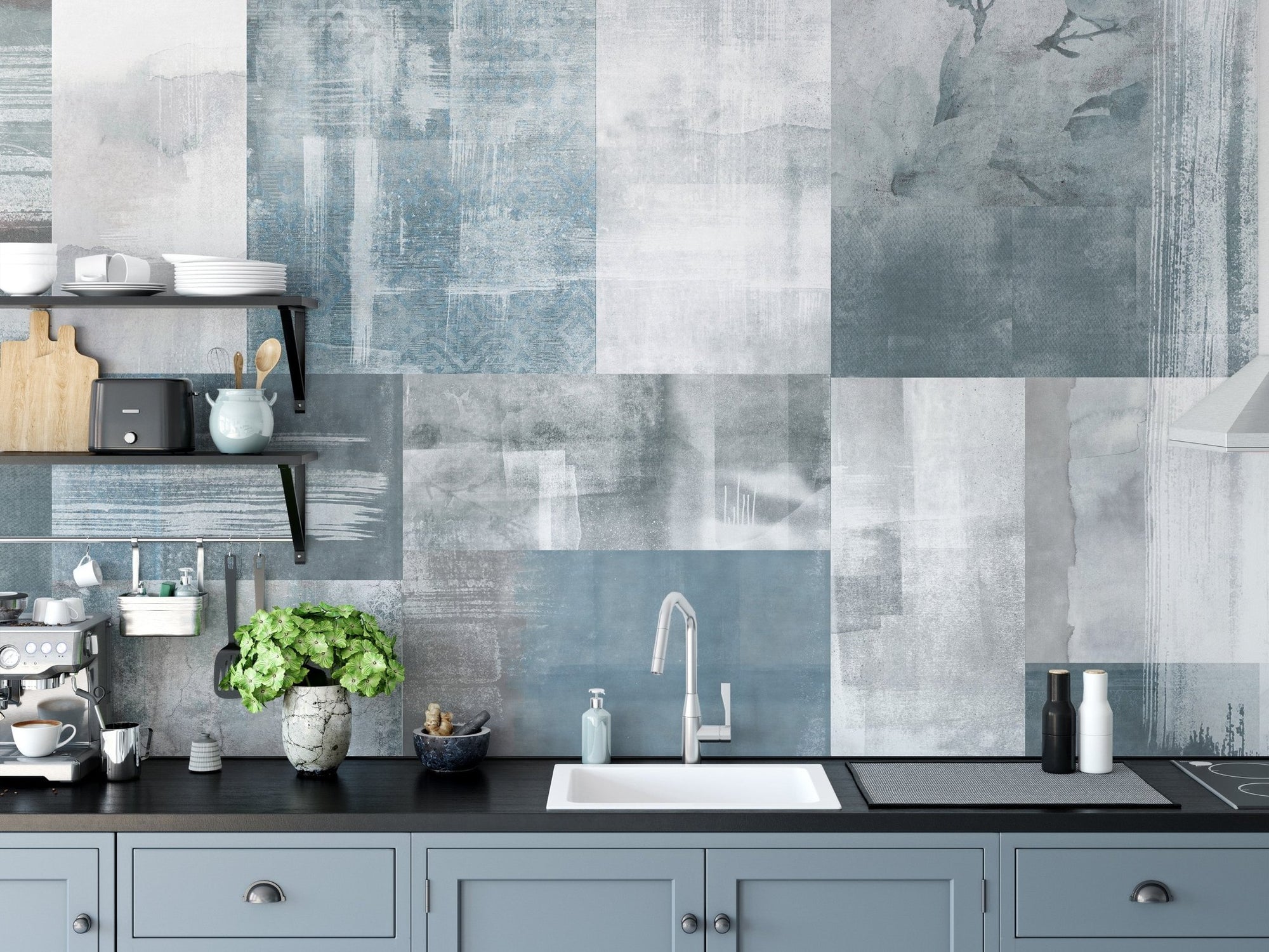 Vintage blue tapestry wall mural with textured patchwork design.