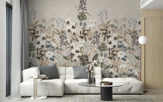 Vintage botanical wallpaper mural with neutral floral wall mural design.