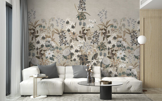 Vintage botanical wallpaper mural with neutral floral wall mural design.