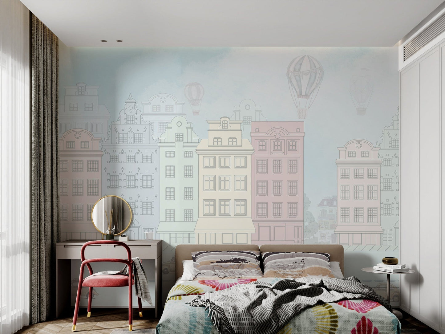 European architecture illustration wall mural in soft muted tones for bedroom.