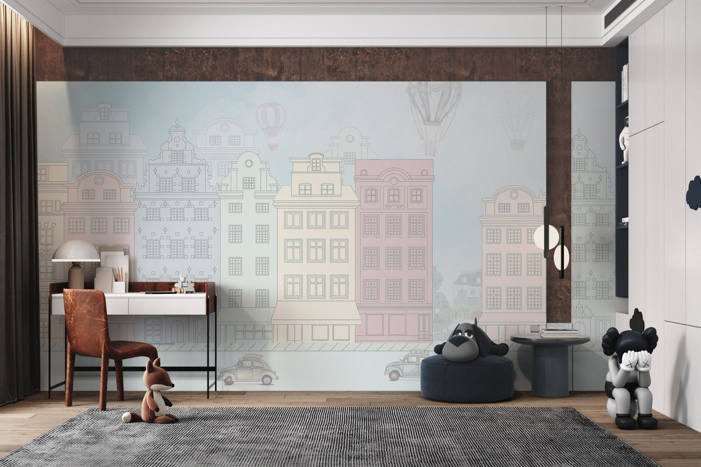 Pastel pink and cream city street mural for study room wall decoration.
