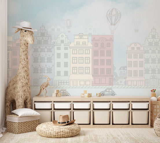 Light blue wall mural featuring classic cars and hot air balloons in sky.
