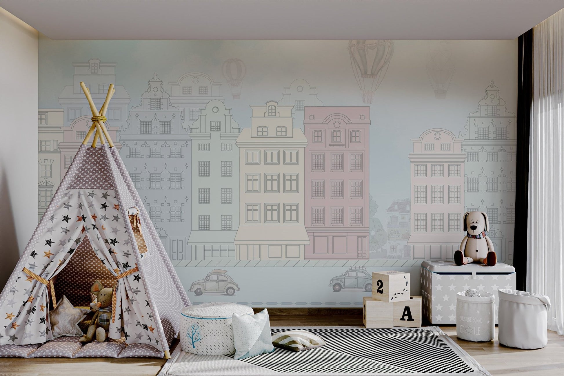 Street scene wall mural with beige and terracotta building outline shapes.