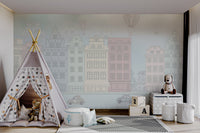 Street scene wall mural with beige and terracotta building outline shapes.