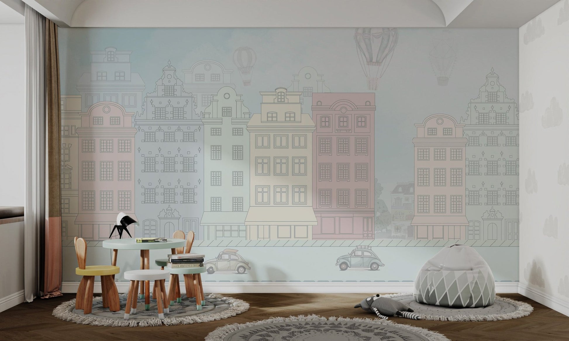 Kids room wall mural with vintage beetle cars and striped hot air balloons.