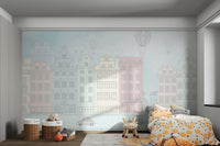 Vintage city boulevard mural with hot air balloons in a cloudy sky for bedroom