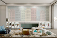 Light and airy cityscape mural with retro vehicles on the road for kids playroom.