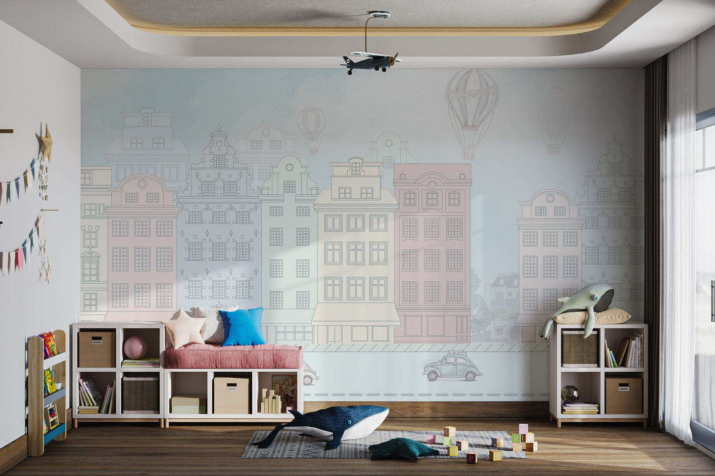 Whimsical mural of antique townhouses in pale pink, cream and green tones.