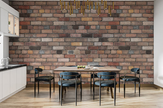 Rustic multi-color brick wallpaper mural with an aged appearance.