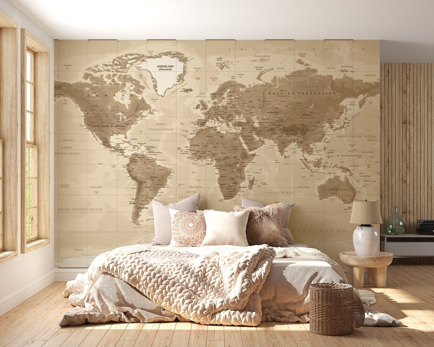 Classic world map wall mural in sepia tones for bedroom interior.