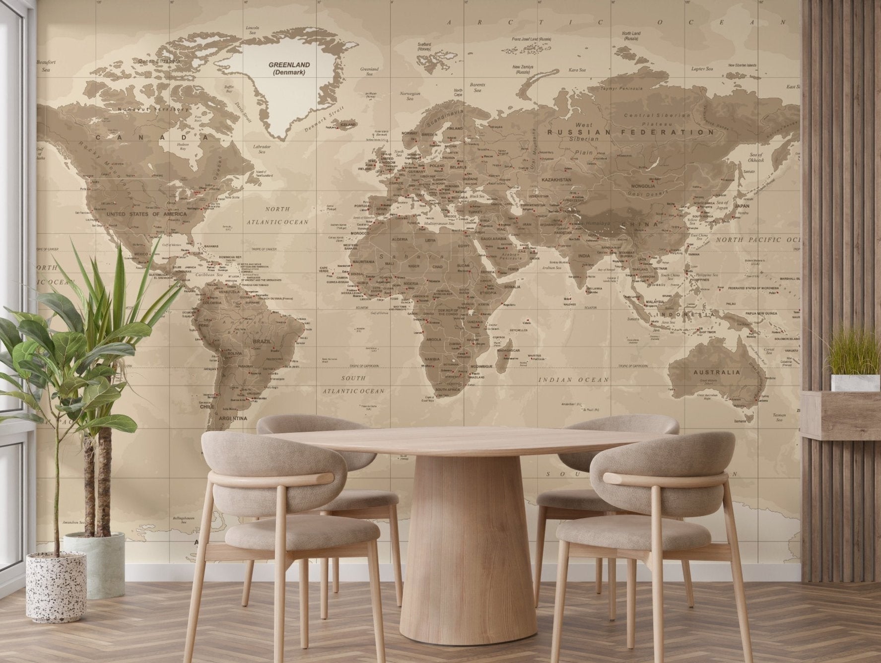 Detailed world map mural in a rustic brown color palette for dining area.
