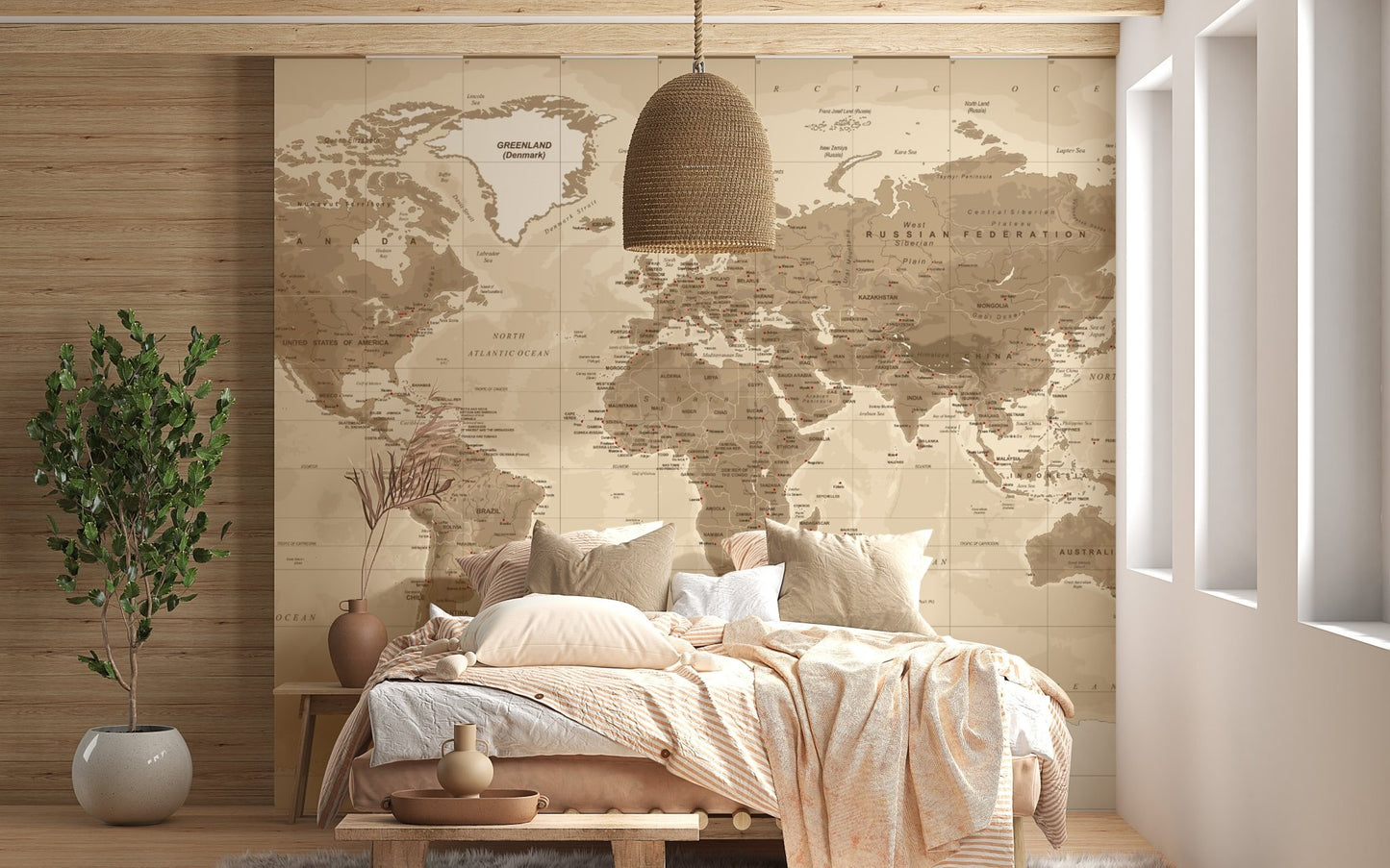Antique-style brown map wall mural for sunlit bedroom.