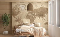 Antique-style brown map wall mural for sunlit bedroom.