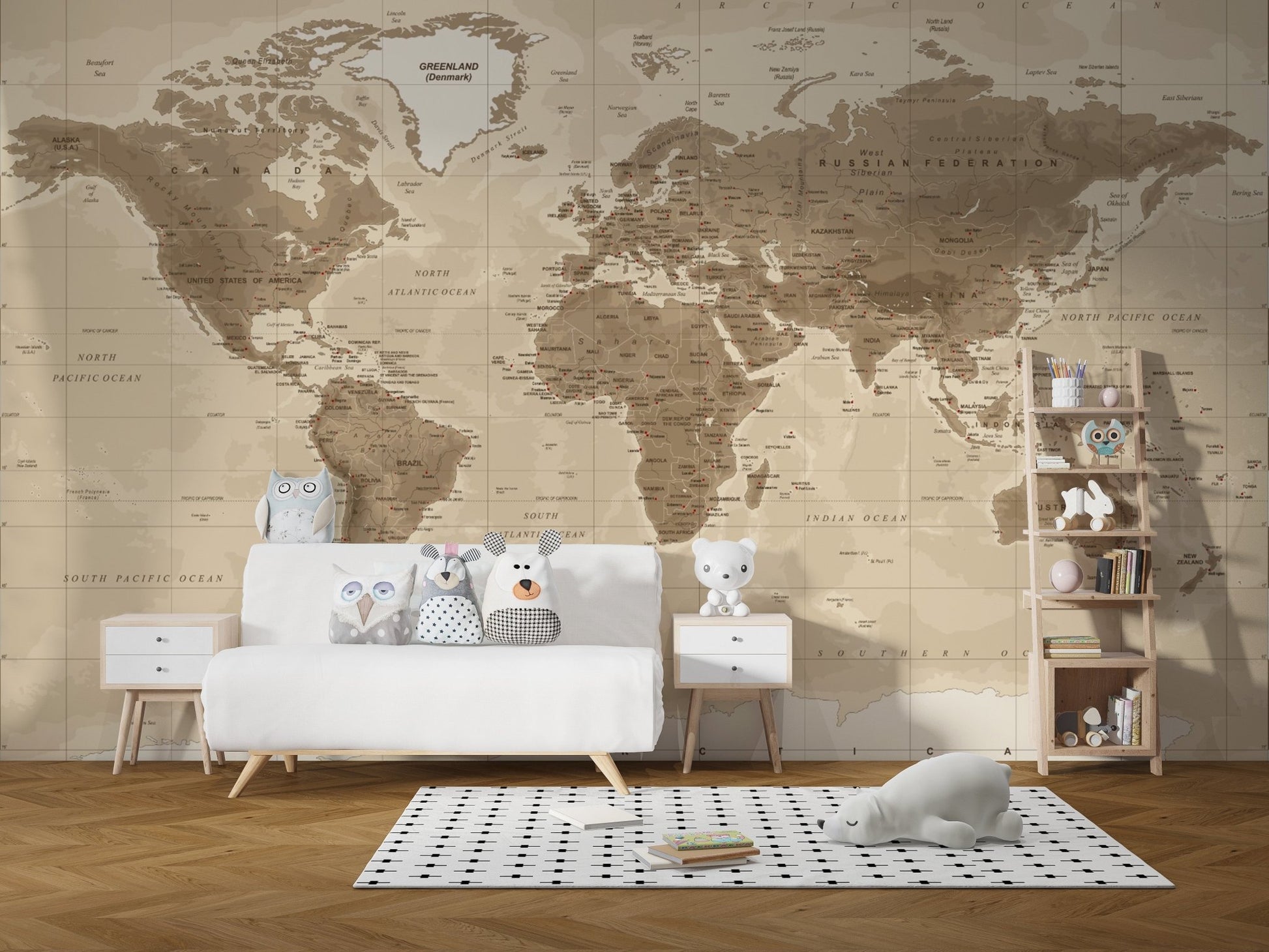 Vintage brown world map mural with detailed continents in kids room.