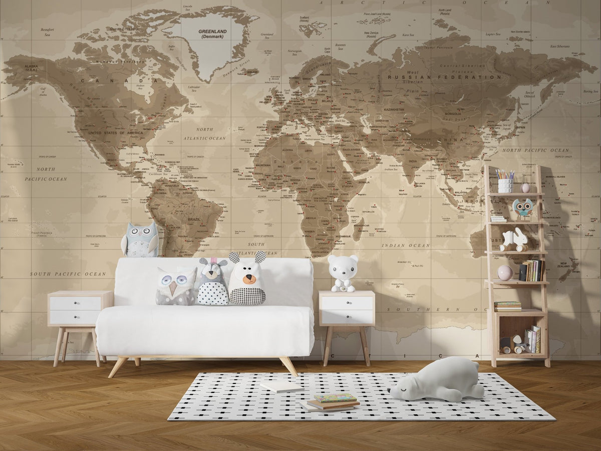 Vintage brown world map mural with detailed continents in kids room.