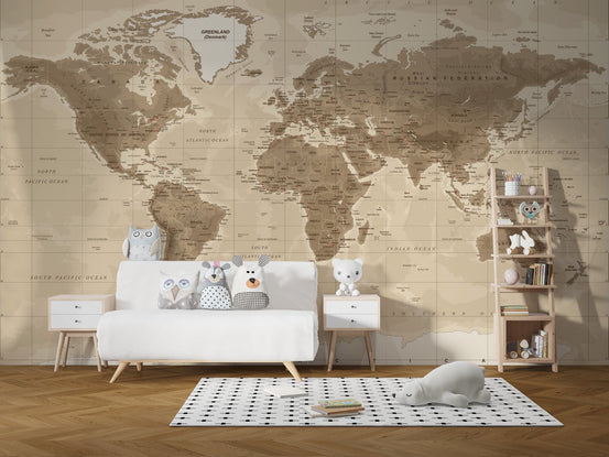 Vintage brown world map mural with detailed continents in kids room.
