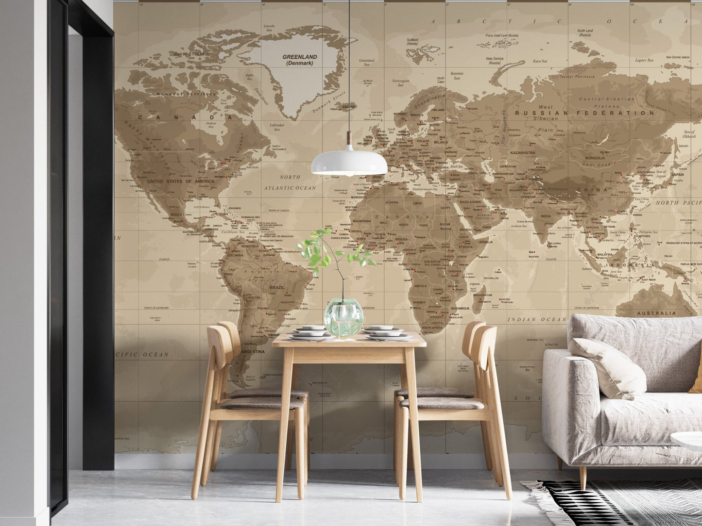 Classic brown-toned map wall mural for a timeless look in dining room.