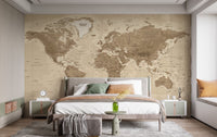 Sepia-toned world map mural featuring country details.