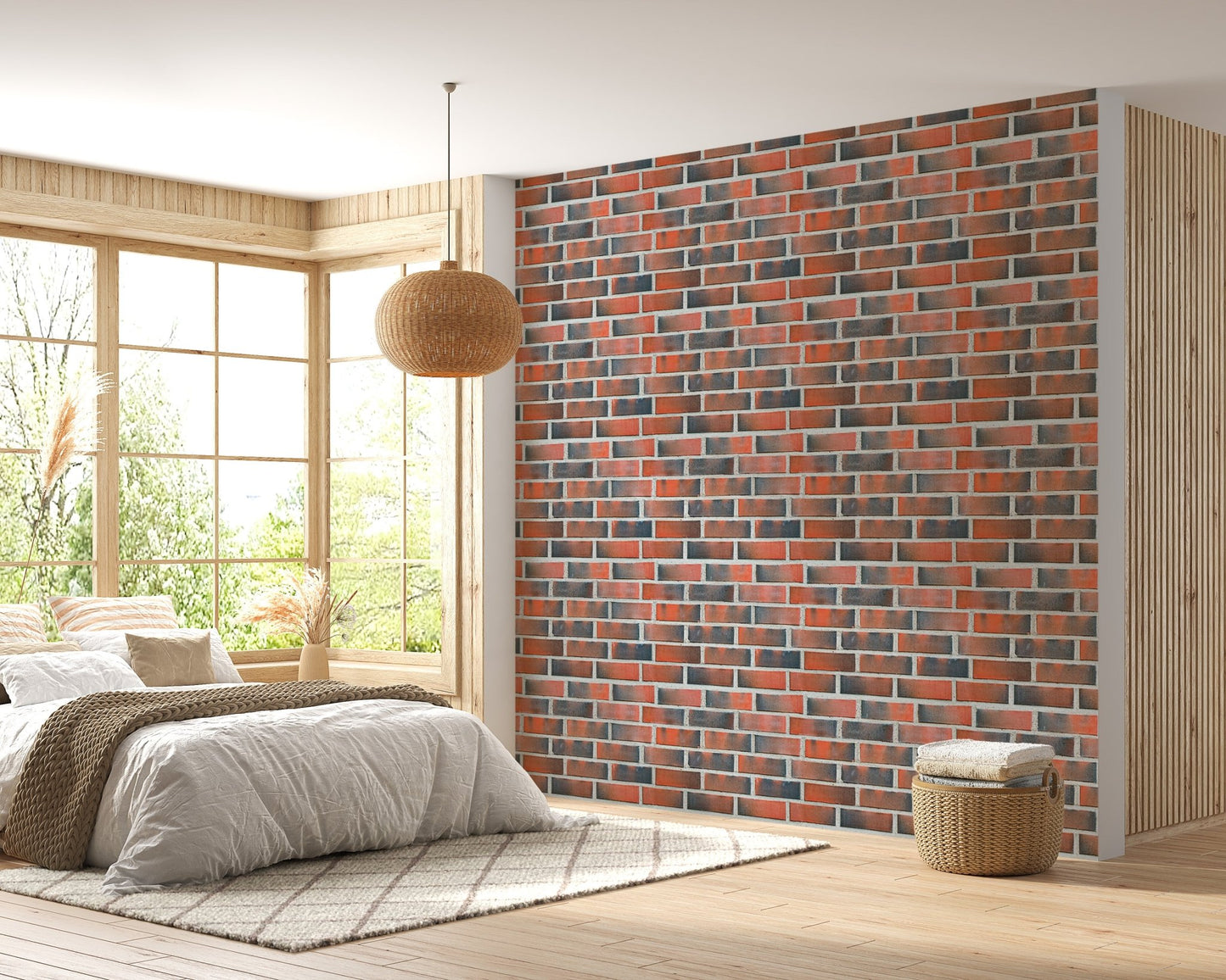 Bedroom featuring a bed and rustic red brick wallpaper.
