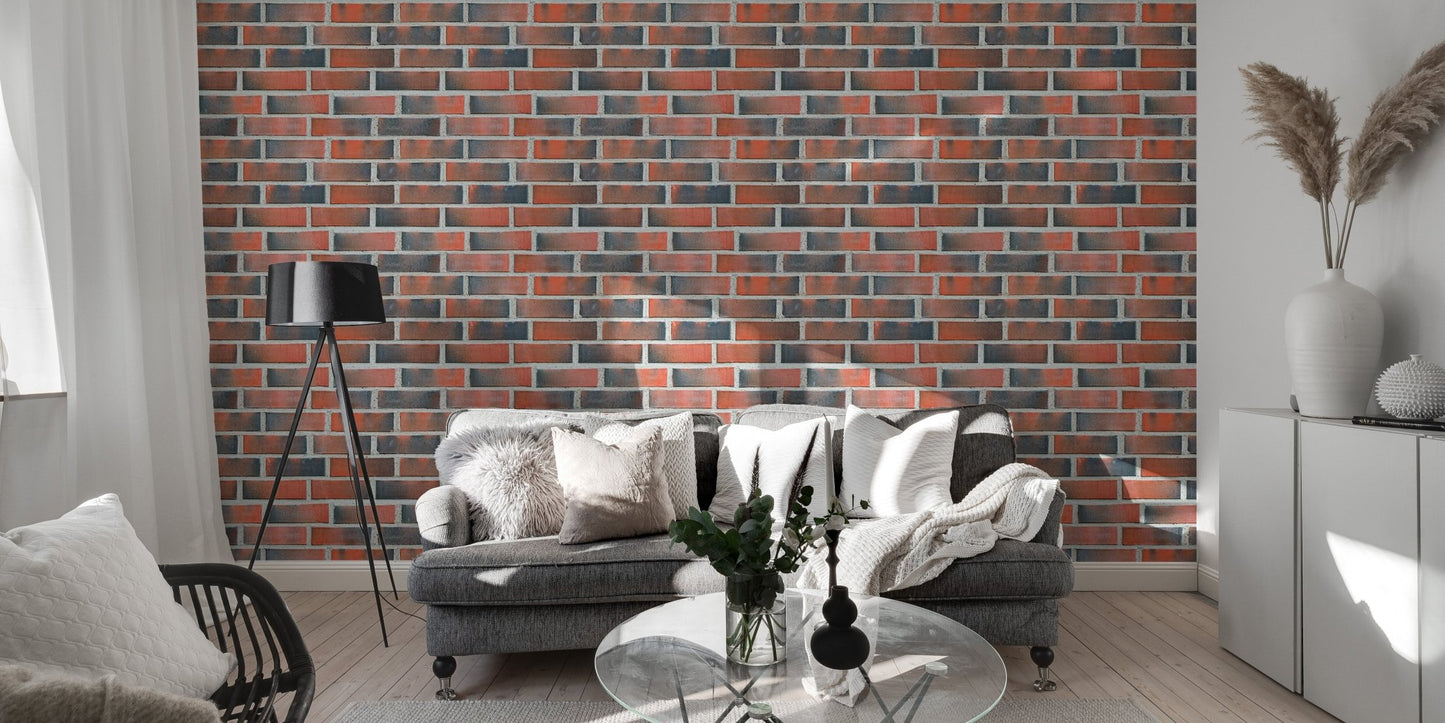 Living room with grey sofa and Vintage Burned Red Lining Brick Wallpaper.