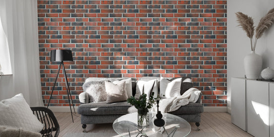 Living room with grey sofa and Vintage Burned Red Lining Brick Wallpaper.