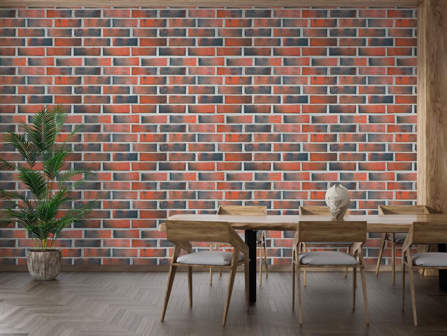 Dining area with wooden table and industrial brick wallpaper.