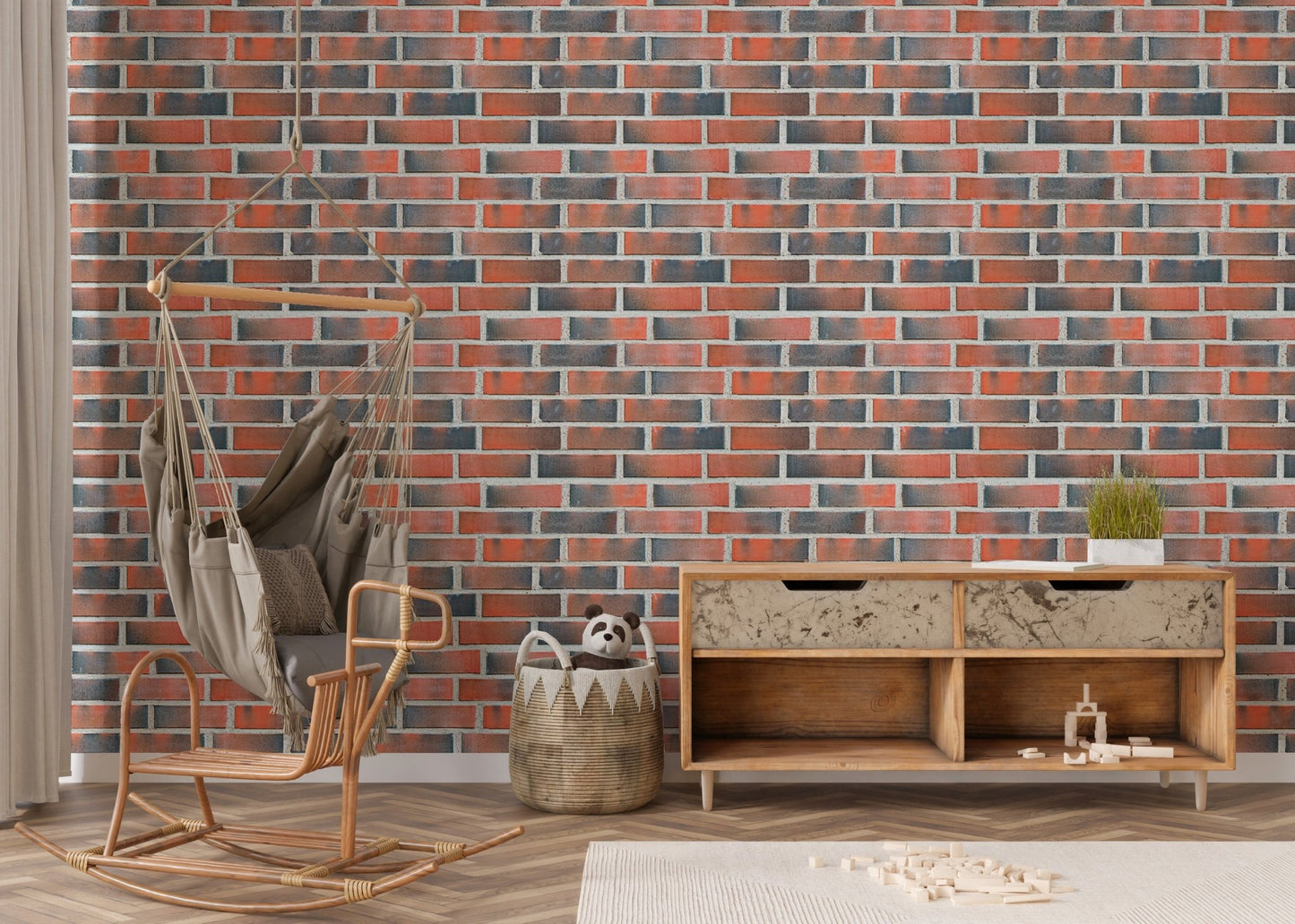 Wooden cabinet against a textured red and grey brick wallpaper.