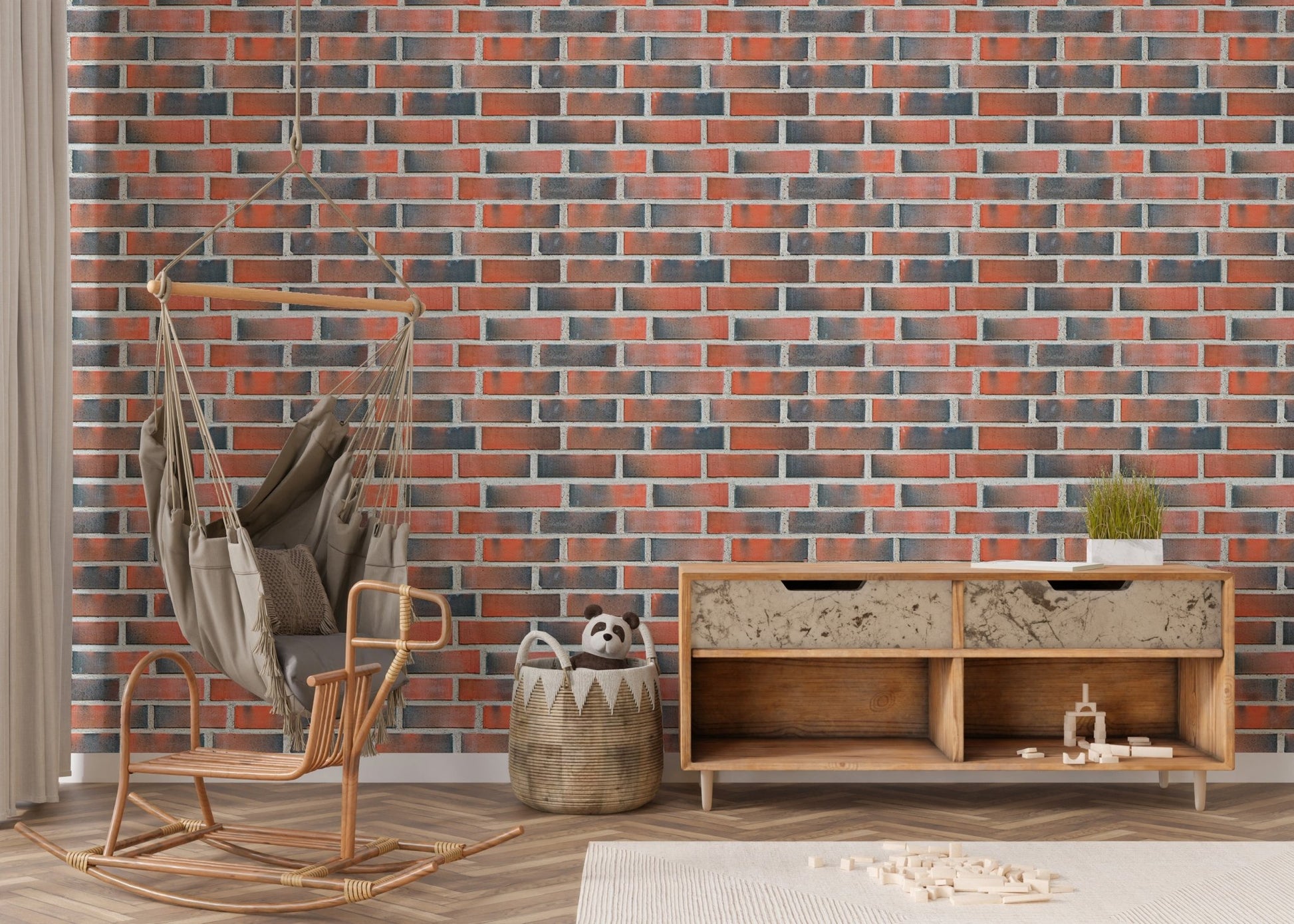 Wooden cabinet against a textured red and grey brick wallpaper.