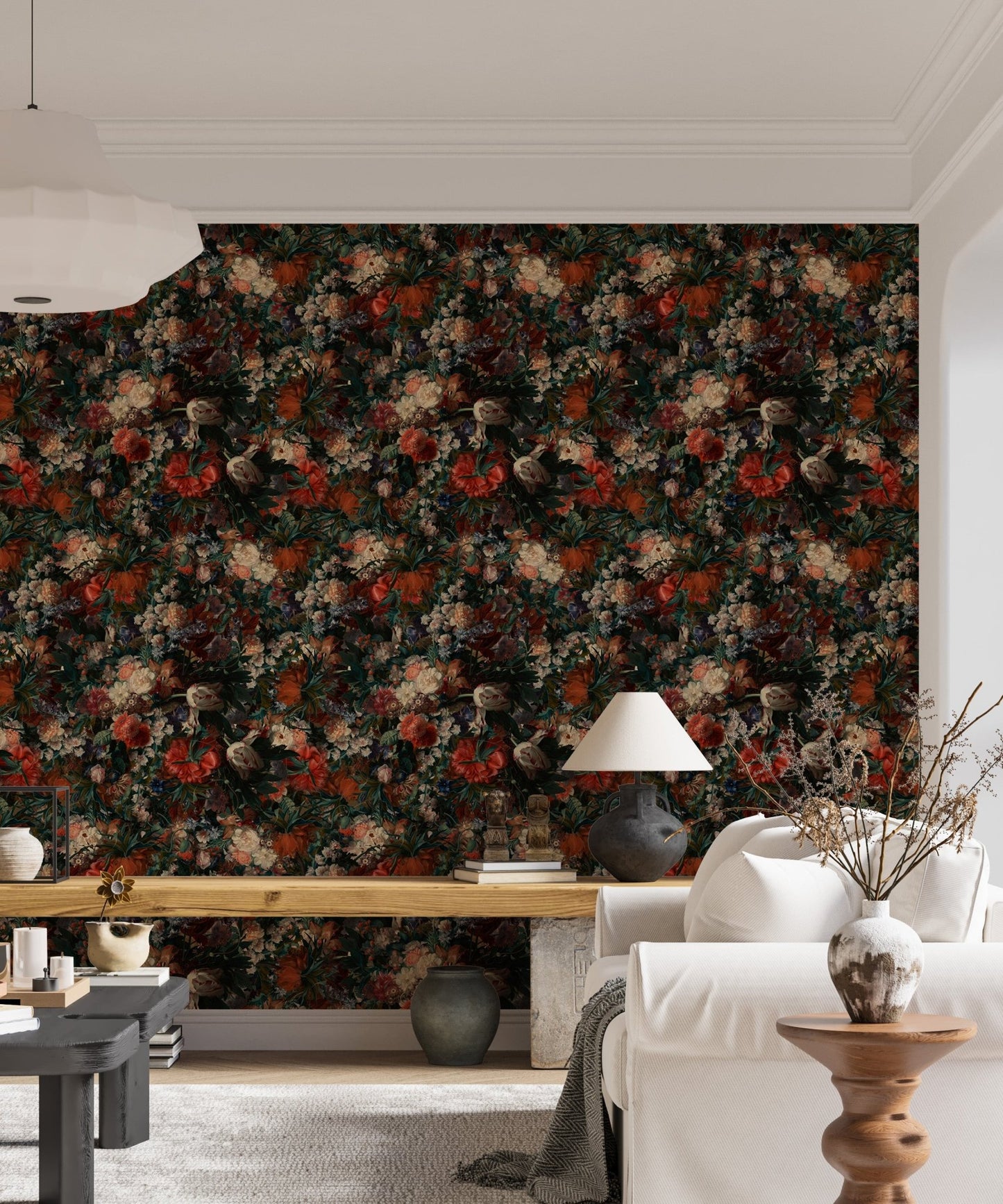 Vintage Classic Style Various Flowers Wallpaper in a living area with a white sofa.