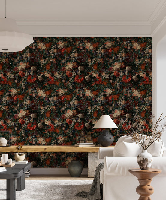 Vintage Classic Style Various Flowers Wallpaper in a living area with a white sofa.