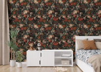 Bedroom with a flower wallpaper feature wall and white media console unit.