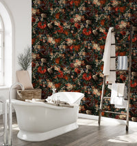 Bathroom featuring a floral wallpaper behind a white freestanding bathtub.
