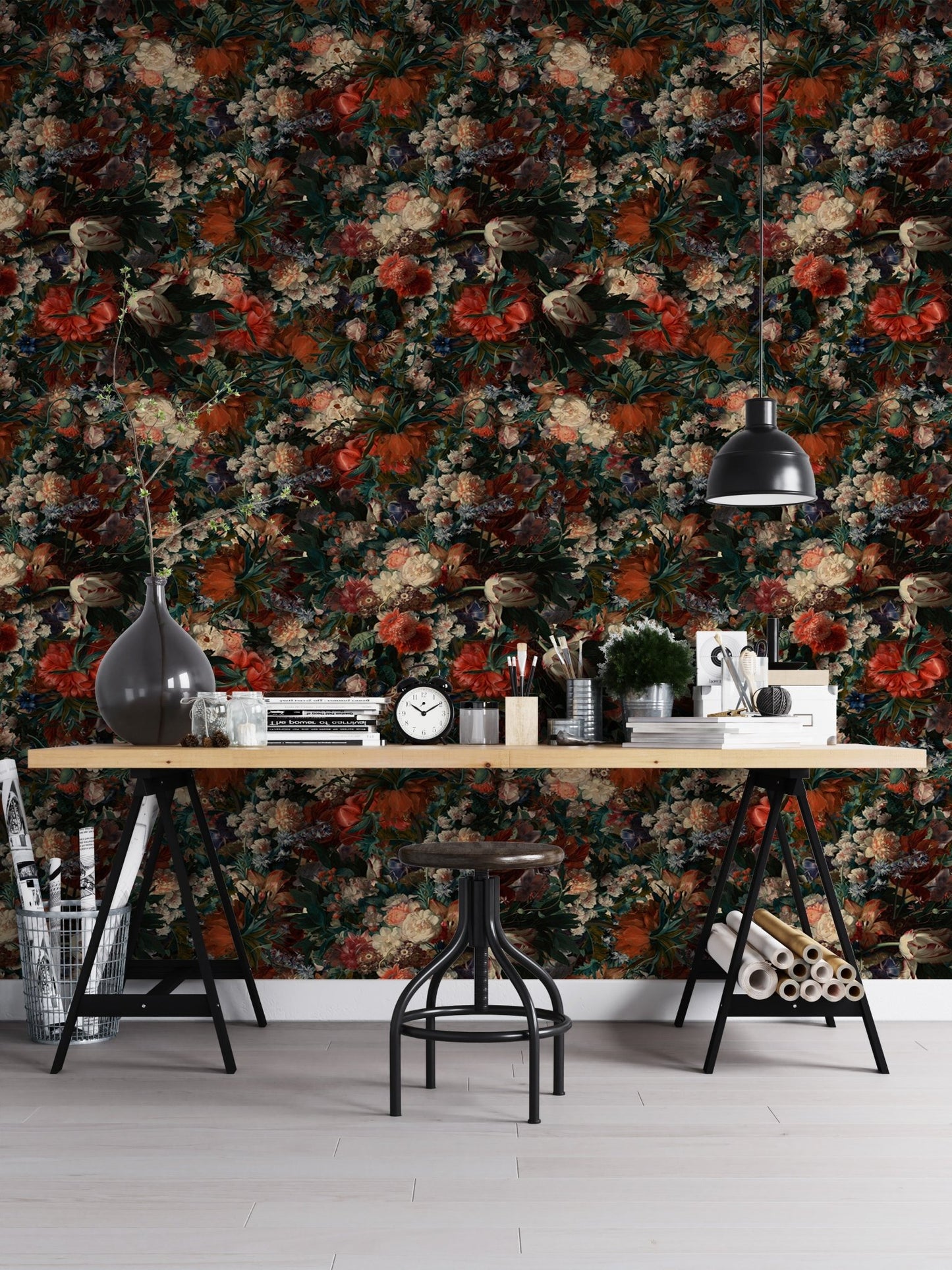 Home office with Vintage Classic Style Various Flowers Wallpaper and a black desk.