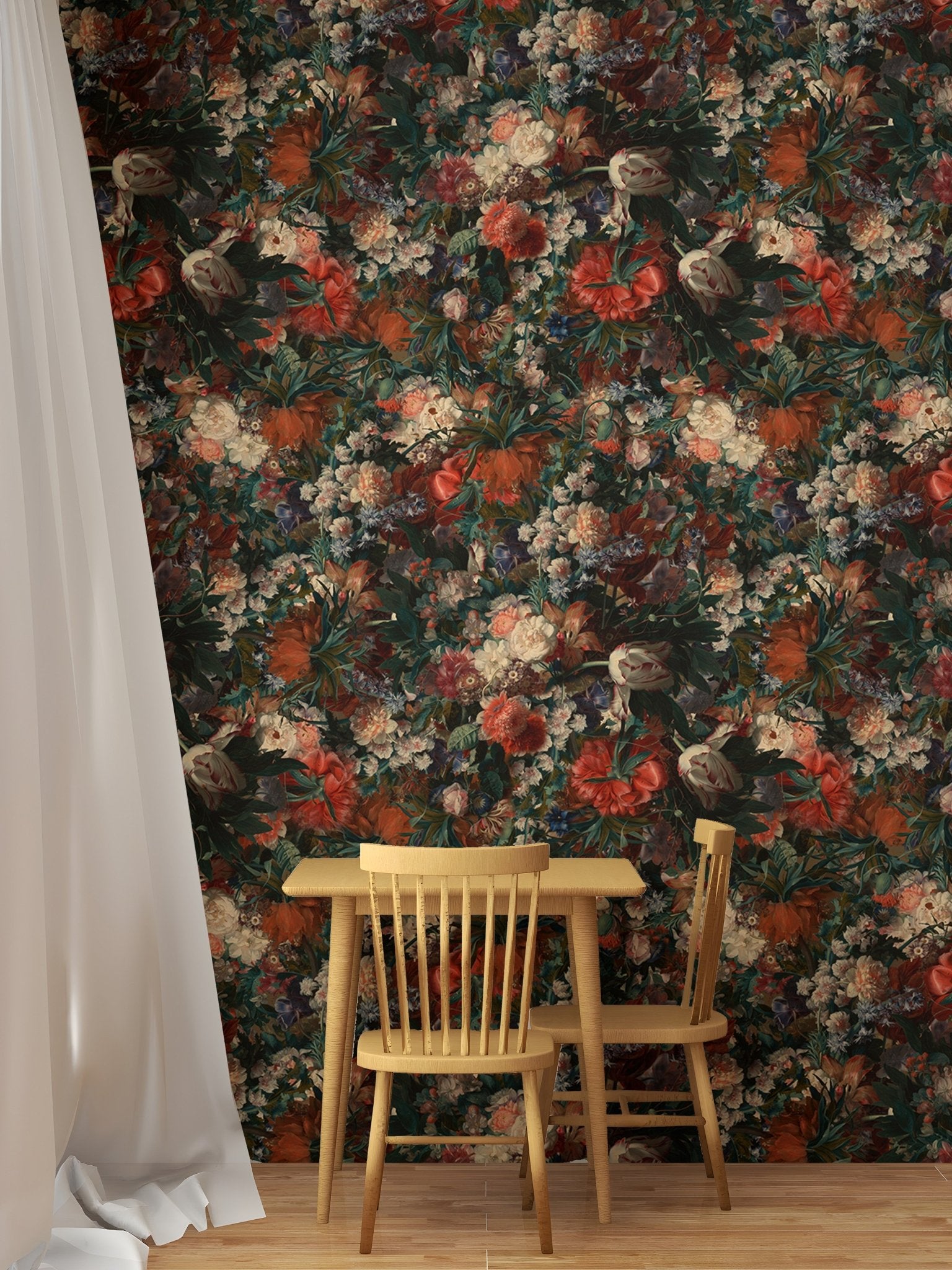 Vintage floral wallpaper behind a small wooden table and chairs set in dining area.