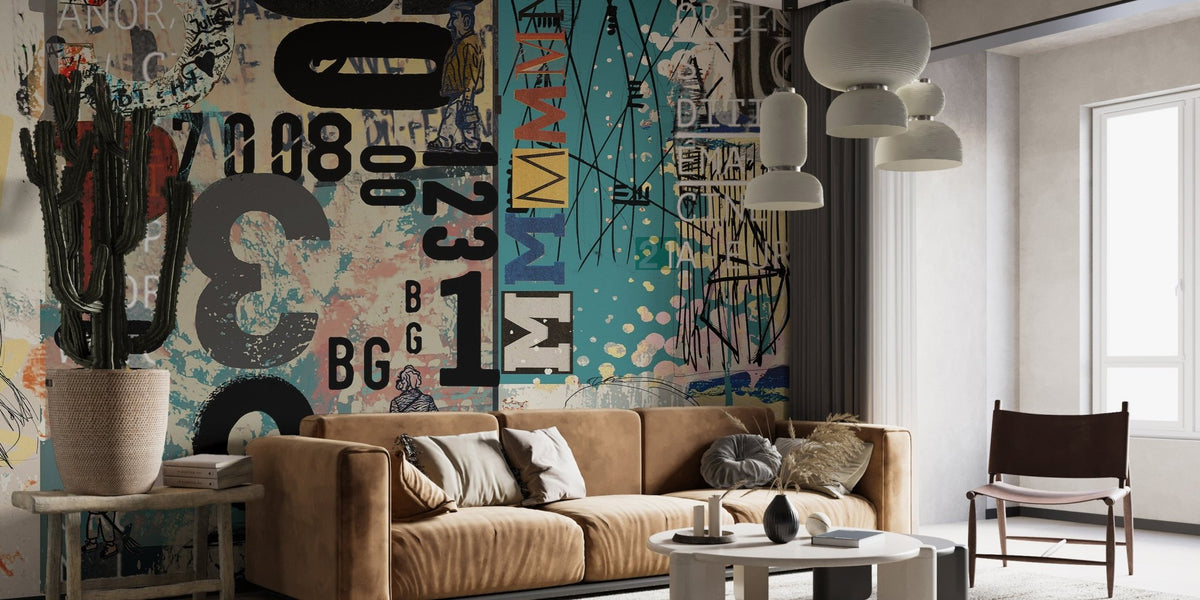 Vintage collage style wallpaper with bold black numbers and letters.