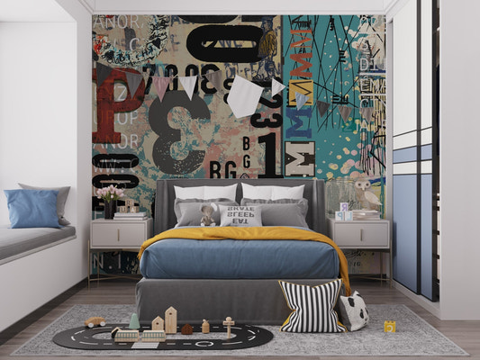 Vintage collage wall mural with retro typography and sketches.