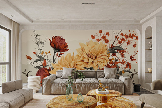 Large yellow dahlia blooms with dark leaves wall mural.