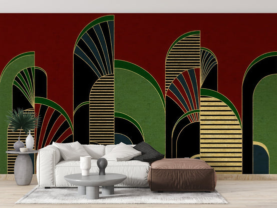 Graphic arch wallpaper mural in green and cream shades.
