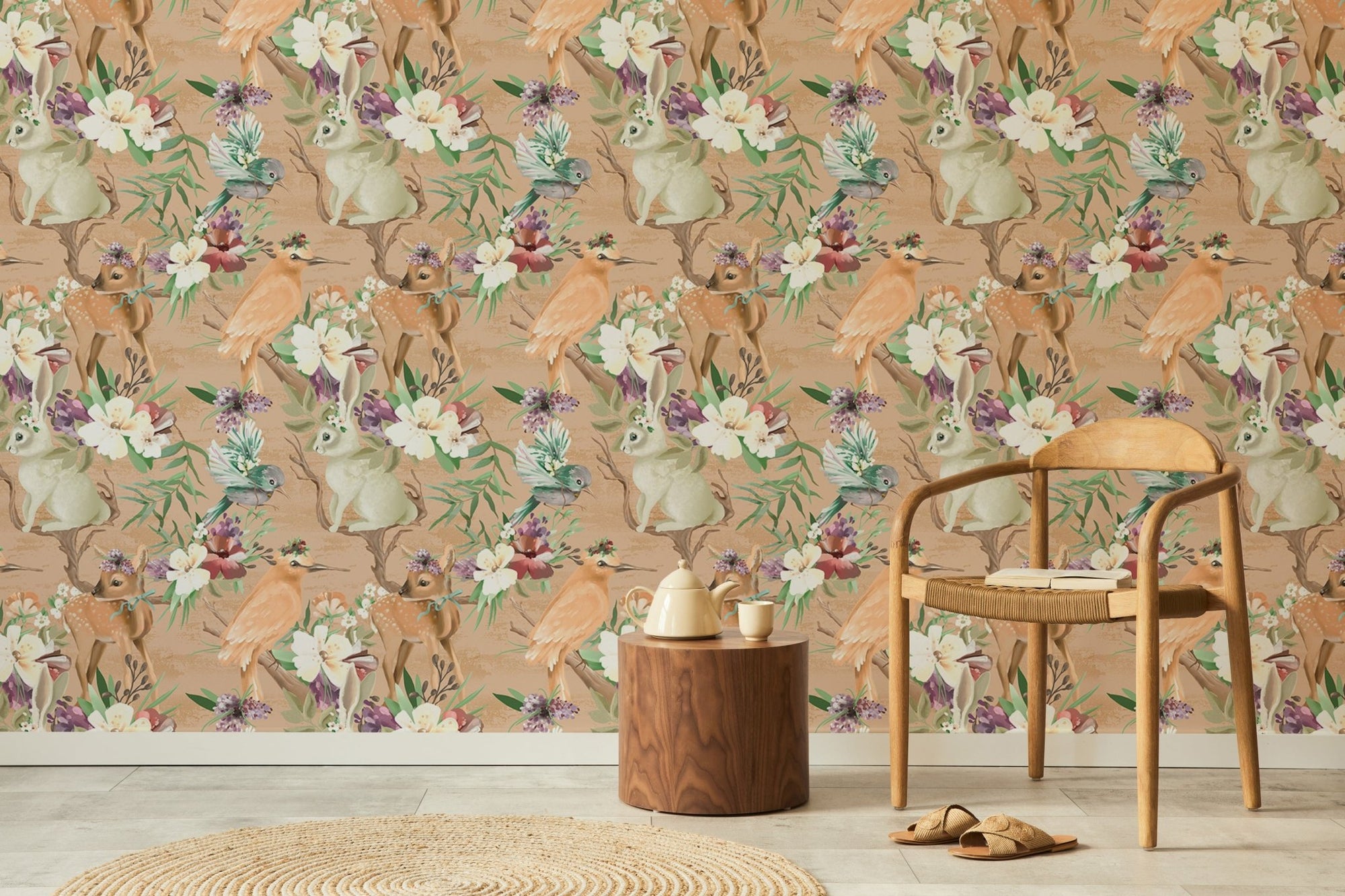 Vintage Enchanted Woodland wallpaper in a minimalist living room with wooden chair