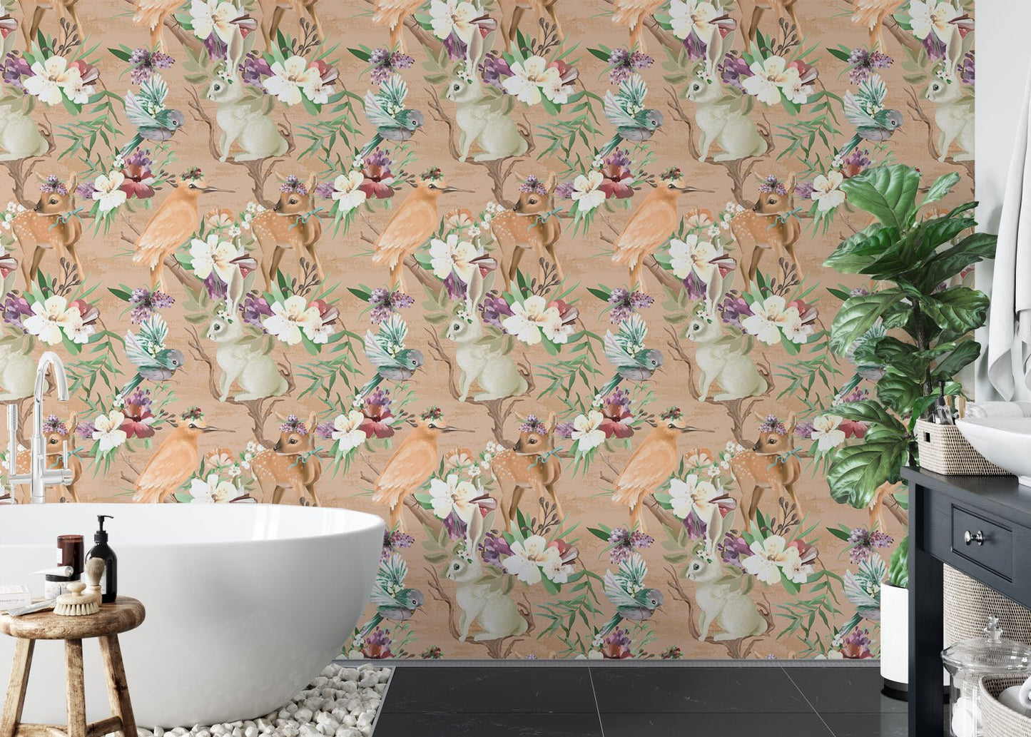 Forest themed wallpaper in a bathroom setting with a white bathtub