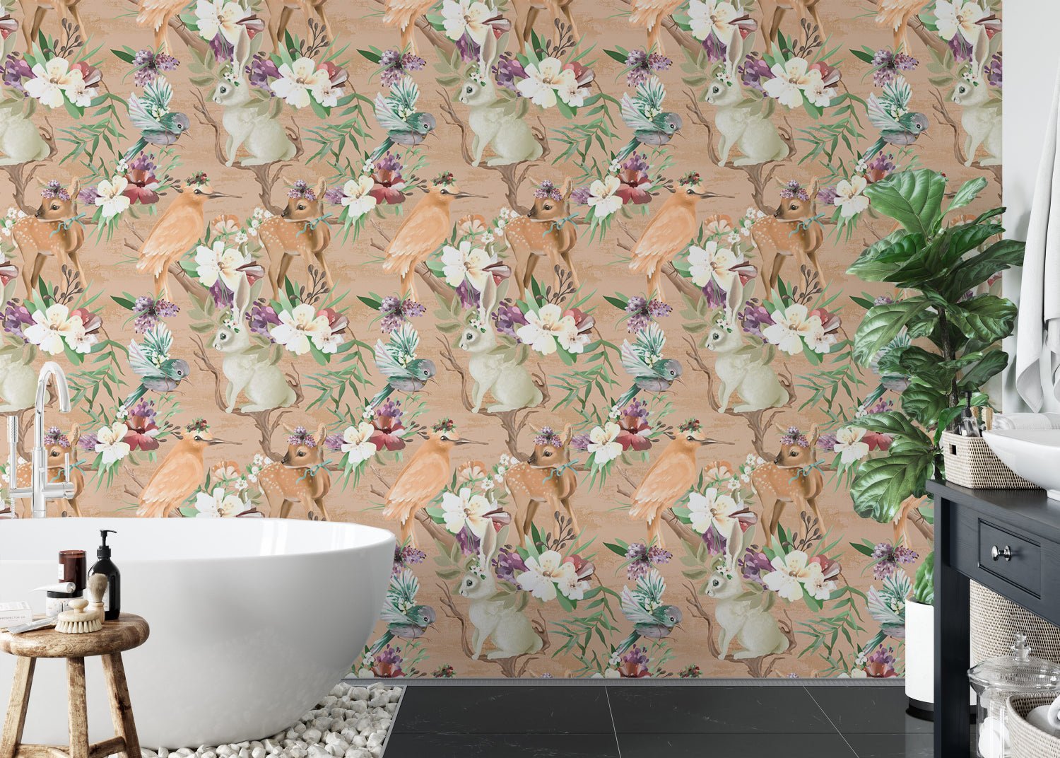 Forest themed wallpaper in a bathroom setting with a white bathtub