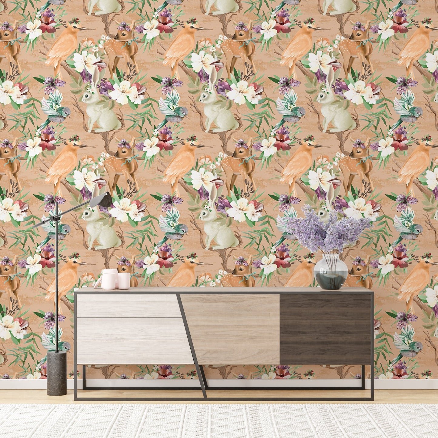 Vintage forest animals wallpaper in a modern entryway with a sleek console table