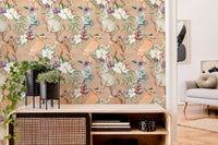 Woodland forest wallpaper in a hallway featuring a wooden sideboard and green plant