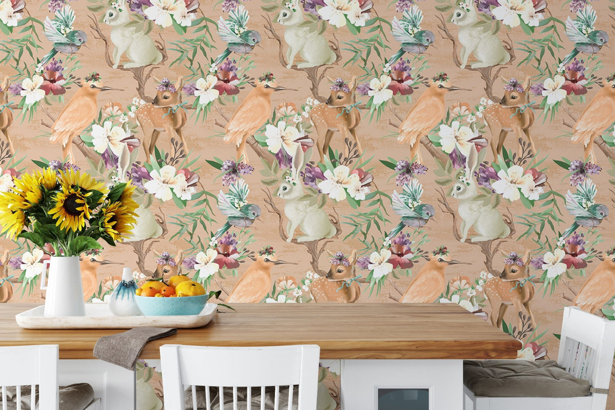 Animal and bird pattern wallpaper in a dining area with white chairs and table