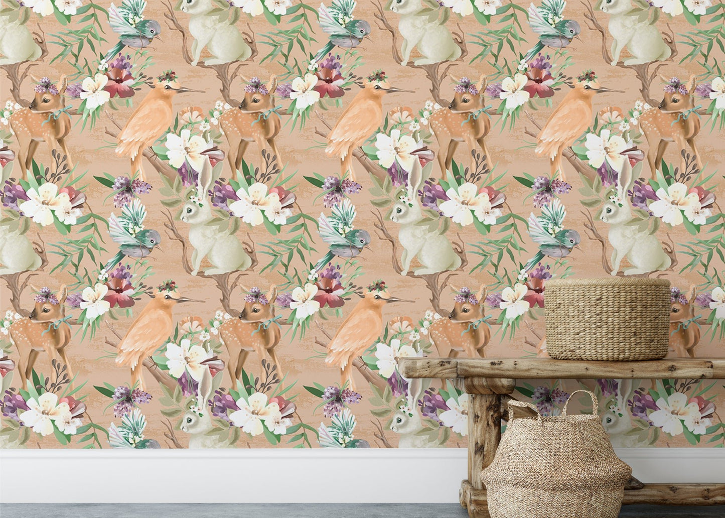 Wallpaper with rabbits and birds behind a rustic wooden bench and basket