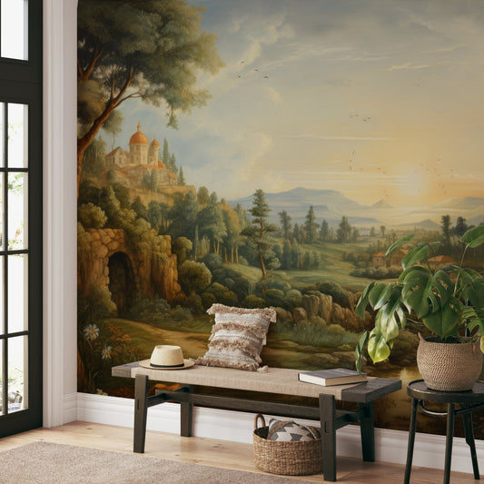 Scenic wall mural depicting a traditional european valley view.