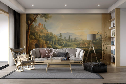 Classical oil painting style landscape wall mural featuring old stone domes.